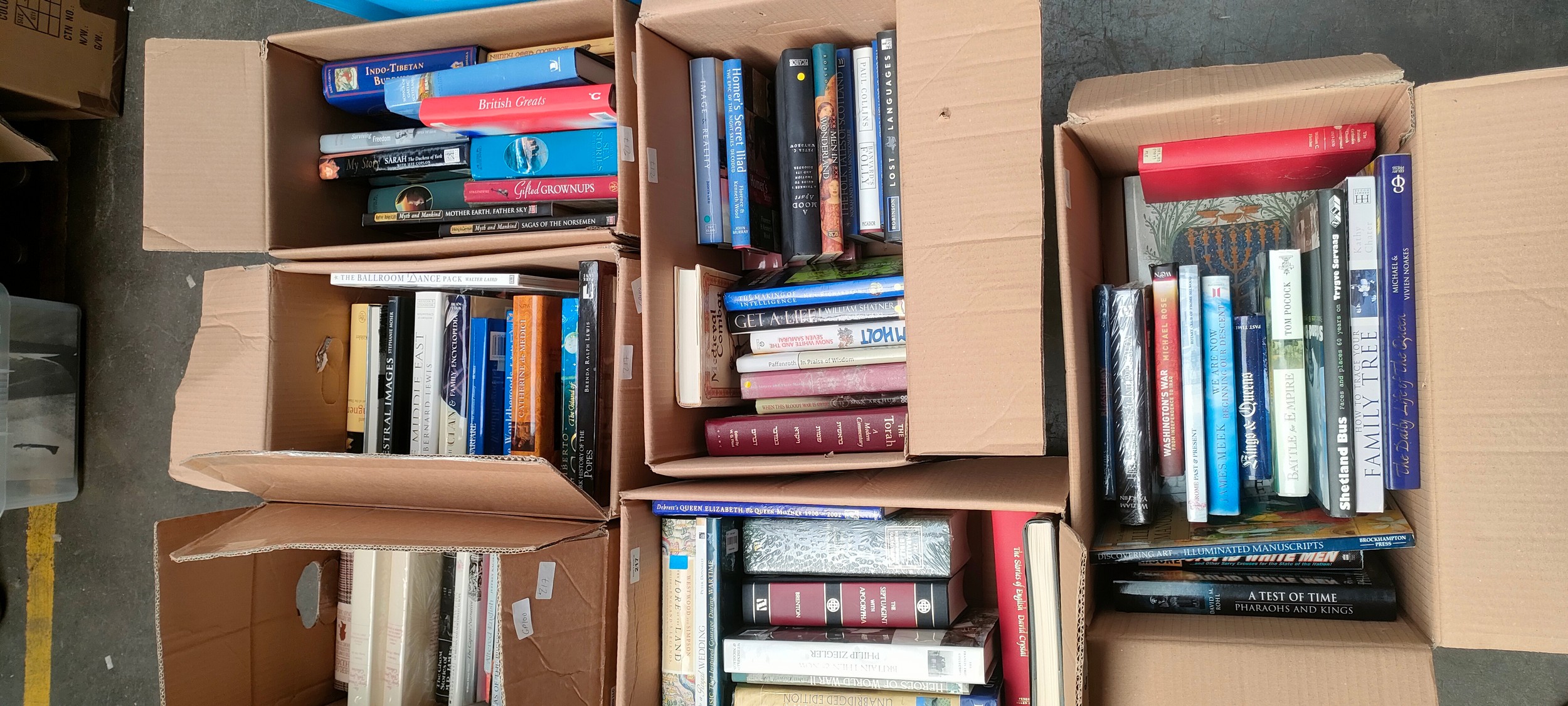 Seven boxes of books on various topics to include History, French, English etc