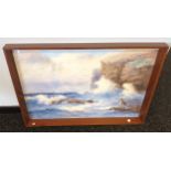 H.M Thomas Large framed watercolour depicting crashing waves seascape, signed. [Frame 71x105cm]