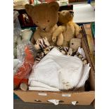 Crate of vintage straw filled animals; Tiger with glass glass eyes, Mohair bear and various linen