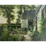 Antique Oil on canvas depicting a lady overlooking her garden, signed and dated 1901.