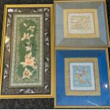 Three framed antique/ vintage Chinese needlework silk tapestries. [Largest-71x38cm]