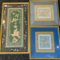 Three framed antique/ vintage Chinese needlework silk tapestries. [Largest-71x38cm]