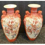 A Large pair of early 20th century Japanese Satsuma panel painted vases, Red ground, Foo dog