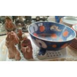 Chinese bowl, Terra cotta figures and studio pottery lidded dish
