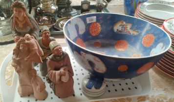 Chinese bowl, Terra cotta figures and studio pottery lidded dish