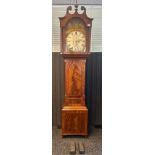 19th century walnut cased grandfather clock, the face with hand painted scene depicting Scotland,