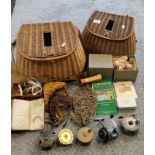 Two fishing creels and contents; fishing nets, wheatley fly box, Ambidex No1 Spinning reel with box,