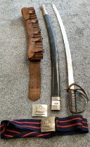 Military style antique leather ammo belt, Fife & Forfar Yeomanry Belt Buckles and Indian sword and