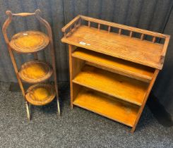 Oak bookcase and three tier cake stand