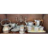 Shelf of silver plated items; Picquot ware tea/ coffee, sugar and cream and tray set, Hammered tea