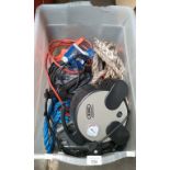 Box of car emergency items; Ring Automotive pump, towing rope, jump leads and more