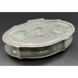 Birmingham silver lidded preserve dish, designed with three raised relief cherubs to the lid,