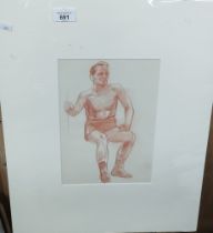 Red chalk drawing of seated boxer.