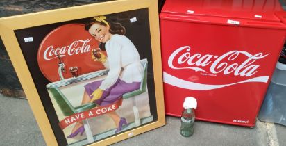 Husky Coca Cola advertising table top fridge, Glass bottle and reproduction poster.