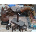 Selection of far Eastern wooden carved items; Carved wooden Buddha bust, Carved bird design