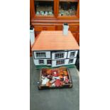 Large vintage dolls house together with a box of dolls furniture and accessories