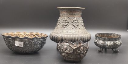 Three Anglo Indian silver raised relief bowls together with one large bronze, copper and silver