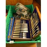 Crate of silver plated and E.P wares; Boxed canteen of cutlery, Gentlemans travel manicure set and