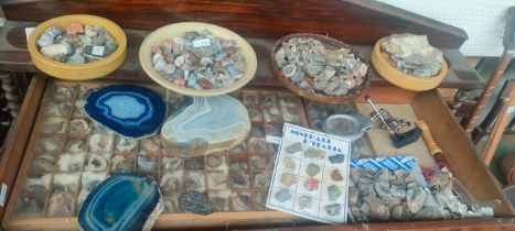 Drawer full of geode rocks, agate stone and various other rock specimens
