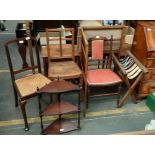 Selection of furniture; Antique clothes horse, Edwardian bedroom chair, Two rattan base chairs,