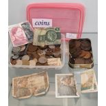 A Collection of mixed world coins and banknotes.