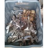 Tub of mixed silver plated flatwares- Rogers & Bro. and various contemporary napkin rings