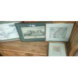 Various map and landmark prints and Charles Rowbotham etching.