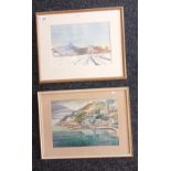 Two framed watercolours depicting 'East Lomond in the snow' by Jean Balflour and a colourful
