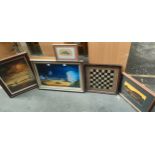 Collection of various artworks; hand painted chess board, Buckley- landscape painting, S. Cassie