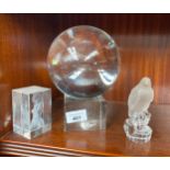Large crystal ball, Nachtmann eagle sculpture and nude paperweight