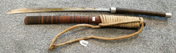 Antique Burmese sword and scabbard. Plated and wrapped handle, wood and wrapped scabbard with rope