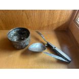 Antique Persian Ottoman folding spoon, fork and knife together with decorative Indian worked bowl