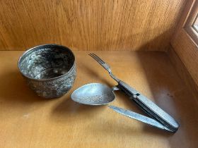 Antique Persian Ottoman folding spoon, fork and knife together with decorative Indian worked bowl