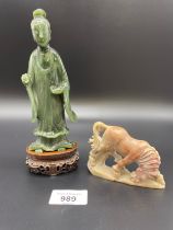 Antique Chinese hand carved jade sculpture of a scholar sat upon a carved hardwood stand, together