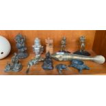 Selection of antique and vintage bronze and brass deity figures and animals; Two African bronze