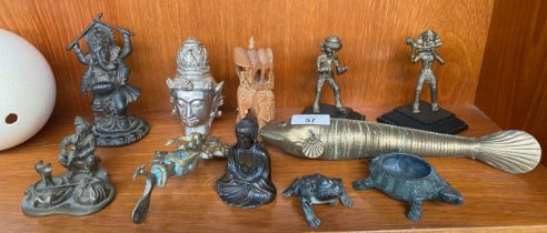 Selection of antique and vintage bronze and brass deity figures and animals; Two African bronze