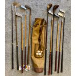 Antique/ Vintage A Bryant golf bag and hickory clubs and various others; Sportsman Autograph, R.A.