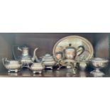 Shelf of silver plated items; tea/ coffee service, spirit kettle and serving tray etc