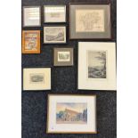 A selection of framed art work to include etchings, West Moreland Map, Limited edition print etc