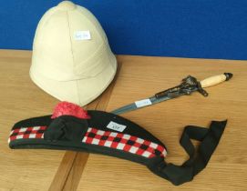Military Glengarry beret, British Pith hat and reproduction display dagger with fitted flintlock