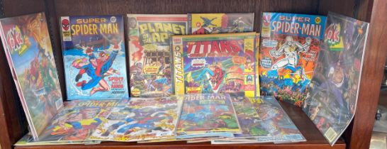 Shelf of vintage Marvel comics; Super Spider man, Planet of the apes, Toxic and the Titans the