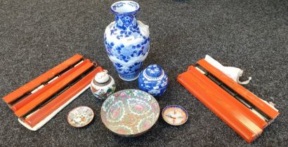 Selection of Chinese collectables; Blue and white dragon and floral design vase- as found, Lacquered