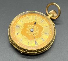 Antique 18ct yellow gold fob pocket watch. [In a working condition] [Inner plate damaged] [33.