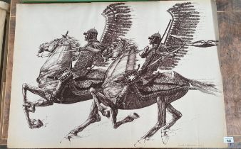 Highly detailed Polish winged Husaria on horseback etching/ print? signed in pen and dated 1976.