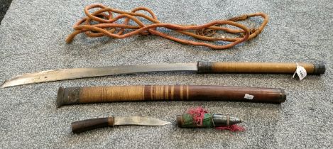 Antique Burmese sword and scabbard and small Burmese dagger/ knife with scabbard; Sword- silver