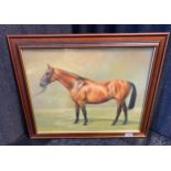Oil painting depicting racing horse portrait. Signed Heidi Hutchinson. [frame- 50x60cm]