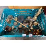 Box of Antique brass wares; Mostly Middle East brass worked bowls and ladle, bells and figurine etc