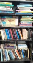 four shelves full of mixed books; Various train books and signed copy of the last somerset railway