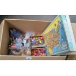 Box of children's toys; TY McDonalds beanie babies, small figures and vintage plywood jigsaw