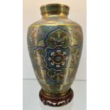19th century Chinese Bronze and Enamel Champleve vase. Come with wooden stand [34cm high]
